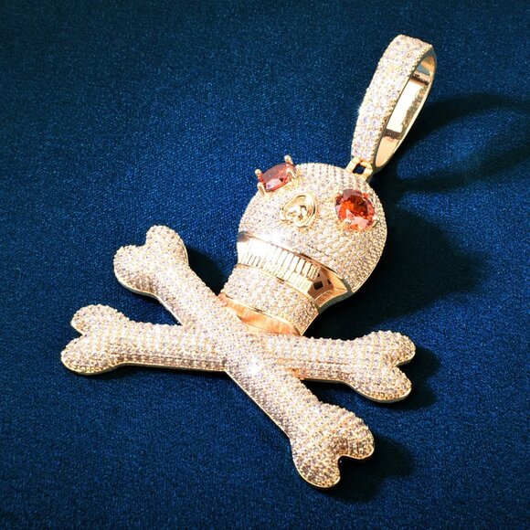 Iced Out Skull and Bones Drip Necklace Pendant with Rope Chain - Picture 7 of 8